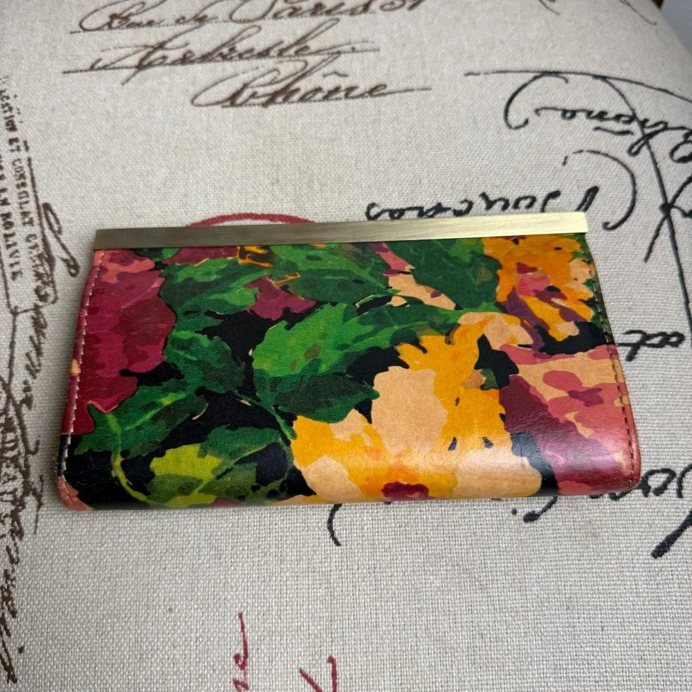 Patricia Nash Floral Italian Leather Frame Wallet Kiss Lock Multicolor Vintage